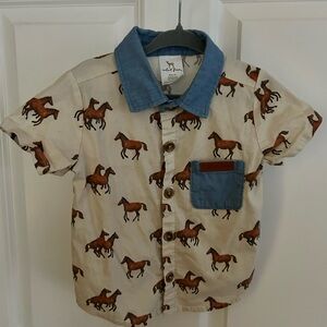 Kids Horse Print Shirt with Blue Collar